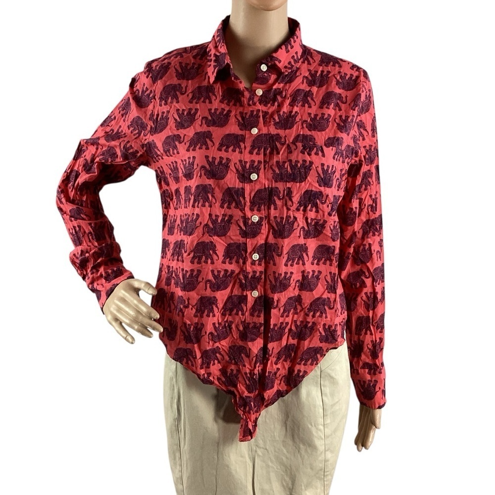 J.Crew Factory Elephant Print Tie-Front Button Shirt Coral Size M